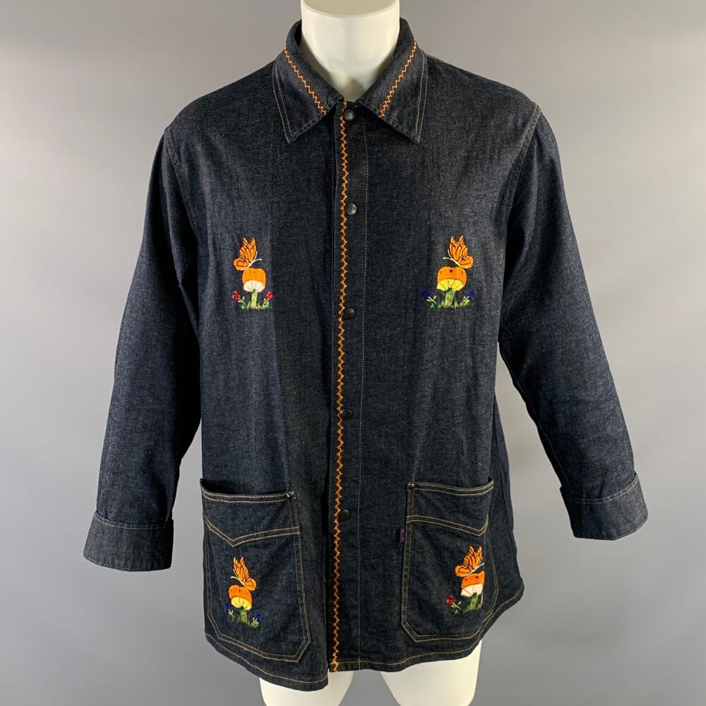 NEEDLES Size M Navy Orange Embroidery Cotton & Linen Button Up Long Sleeve Shirt